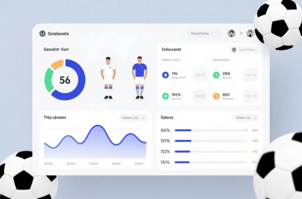 An abstract sports statistics dashboard showing generic player metrics and soccer ball icons, clean visualization
